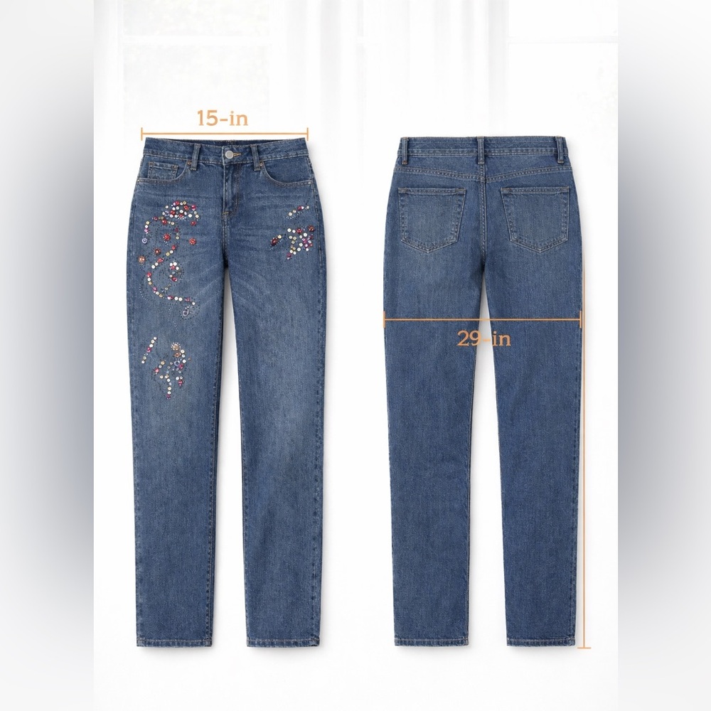 C. EST 1946 Embellished Blue Straight-Leg Jeans with Colorful Bead Accents EUC - Picture 3 of 6